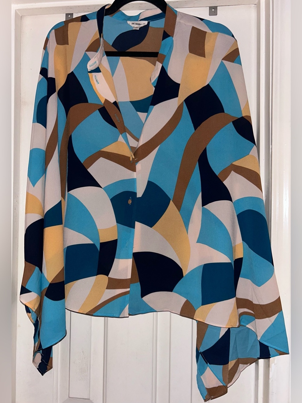 ee:some L Abstract Geometric Blouse Blue Handkerchief Sleeve Boho Top